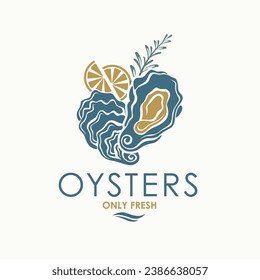 label of fresh oyster shell and lemon isolated on light background