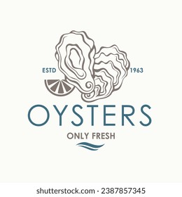 label of fresh oyster shell and lemon isolated on light background