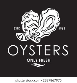 label of fresh oyster shell and lemon isolated on black background