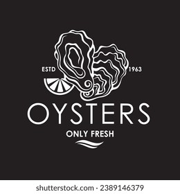 label of fresh oyster shell and lemon isolated on black background