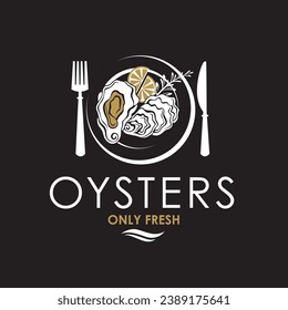 label of fresh oyster shell and lemon on plate isolated on black background