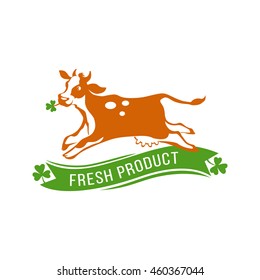 Label With Fresh Product. Funny Cow Jumping. Fresh Milk. Vector Drawing