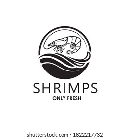 label of fresh shrimp and sea waves isolated