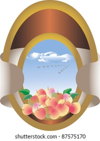 The label with the  fruit on the background of the sky.Label. Frame.