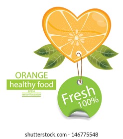 Label. Fruit. Shape of heart. love orange vector illustration.