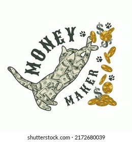 Etiqueta con gato gracioso jugando con monedas de oro, signo de dólar. Maker de texto. Billetes de 100 dólares dentro de la silueta del gato. Concepto creativo para el diseño de camisetas.