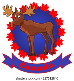 Label With Funny Moose, Maple Leaves And Ribbon