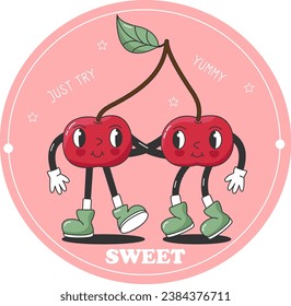 Label with Funny Retro Groovy Cartoon Hippie Berry Characters. Comic Cherries hugging each other. Groovy Summer Vector Sticker. 90s Sweet Juicy Fresh Fruit.