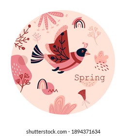 Label with geometric bird. Spring Sticker with pink shapes, rainbow, flower. Emblem with abstract decorative floral elements.