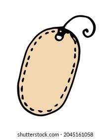 the label for the gift is brown. Isolated oval-shaped tag drawn in doodle style with stitched stitching on the edge, natural light brown shade on white vector drawing