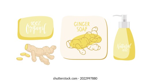 Label for Ginger soap. Bar of soap, bottle with liquid soap, ginger root, label with ginger root sketch. Vector flat Illustration for home made natural organic product shop, aroma therapy, cosmetic.