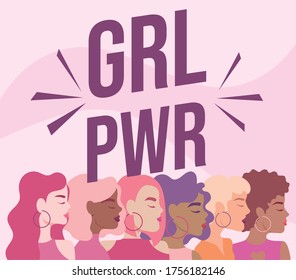 label girl in power with portraits of beautiful women vector illustration design