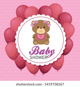 label of girl teddy bear with pink balloons