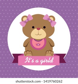 label of girl teddy bear and ribbon with its a girl message