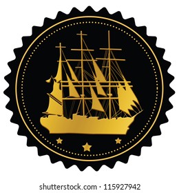 Label with gold sailing ship on white background, vector illustration