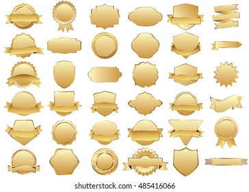 Label gold vector icon set on white background. Ribbon isolated shapes illustration of gift and accessory. Christmas sticker and decoration for app and web. Banner, badge and borders collection.