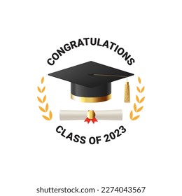 Label for graduation 2023. Vector illustration with symbol for graduation 2023. Label class of 2023. Grad ceremony symbol with realistic mortar cap and scroll.