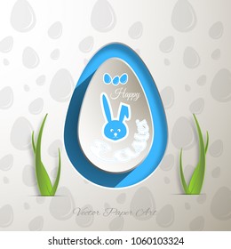 Label of gray Easter egg with shadow rabbit silhouette, text with stitching on the gradient gray background with egg pattern and paper grass.