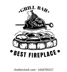 Label for grill bar, BBQ or public house. Сhicken strung on spit fried on charcoal