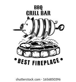 Label for grill bar, BBQ or public house. Pig strung on spit fried on charcoal