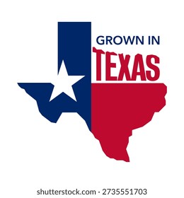 Label - grown in Texas marking for locally produced goods featuring the Texas state outline and Lone Star symbol. Used to highlight local origin, regional farming, agriculture, and locally grown food
