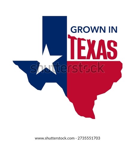 Label - grown in Texas marking for locally produced goods featuring the Texas state outline and Lone Star symbol. Used to highlight local origin, regional farming, agriculture, and locally grown food