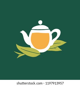 Label with hand-drawn green tea in teapot with tea leaves on dark green background. Doodle style vector design illustration