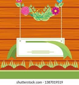 label hanging with flowers decoration in wooden pattern