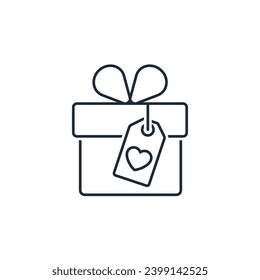 label with a heart on the gift.Vector linear icon illustration isolated on white background.