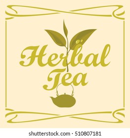 label for herbal tea with a pattern branch and kettle