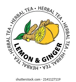 Label herbal tea. Stamp tea lemon with ginger. Lemon and ginger hand drawn illustration. Label. Vector illustration. Color vector illustration	