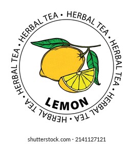 Label herbal tea. Stamp tea lemon. Lemon hand drawn illustration. Label. Vector illustration. Color vector illustration	
