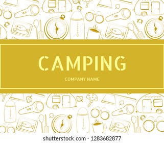 label for hiking. Background with hand draw camping elements. Vector illustration with binoculars, flashlight, hot mug, compass, canned food 