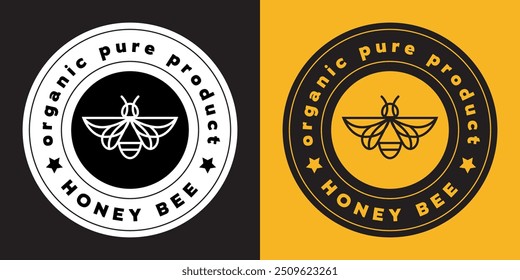 Label Honey bee Organic pure product. Circle badge Beekeeping. Logo bee. Vector 