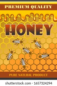 Label for honey. Bee honey packaging sticker design concept. The beautiful appearance of the bank, a bucket, a package, a tube of honey. Presentation of the product from the beekeeper, apiary. Vector.