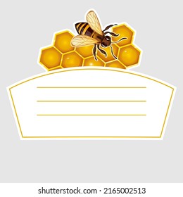 Label for honey jar with honeycomb, bee and place for text, vector illustration