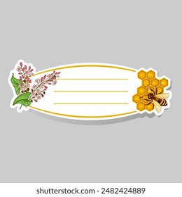 Label for honey jar with honeycomb, bee, buckwheat and place for text, vector illustration