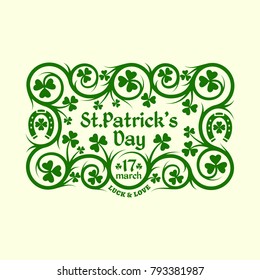 Label with horseshoes, shamrock leaves and floral ornament. Vector illustration.