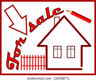 Label house for sale with red pencil in outline design