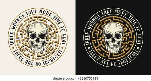 Label with human skull, labyrinth, text. Concept of mental health, wellness, expanded mind, psychic abilities. Mystical surreal illustration. For prints, clothing, t shirt, textile, surface design