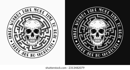 Label with human skull, labyrinth, text. Concept of mental health, wellness, expanded mind, psychic abilities. Mystical surreal illustration. For prints, clothing, t shirt, textile, surface design