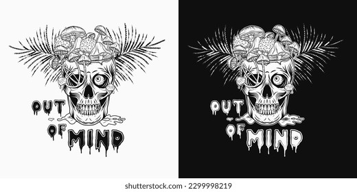 Label with human skull without top like cup, bowl, vase full of fantasy mushrooms. Crazy mad skull with single eye and growing through mushrooms, puddle of poisonous liquid. Vintage style.