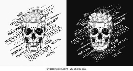 Label and human skull without top like cup  bowl  vase and golden treasure  text Yellow metal matters  Heap coins  gold ingots  bars  chains  Concept wealth  Illustration in vintage style
