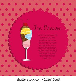 label ice cream on a pink background of dots, vector illustration