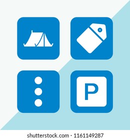 label icon. 4 label set with parking sign, menu, tag and tent vector icons for web and mobile app