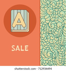 Label with icon of book with letter on a nature artistic boho pattern. Vector image for e-coomerce. Goods and trade template for store or shop