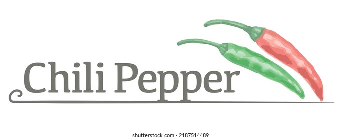 Label and icon of chili pepper. Watercolor. Vector illustration.	