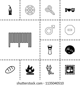 Label icon. collection of 13 label filled and outline icons such as emo emot, milk glass, no fire, soda bottle, bread, plug. editable label icons for web and mobile.