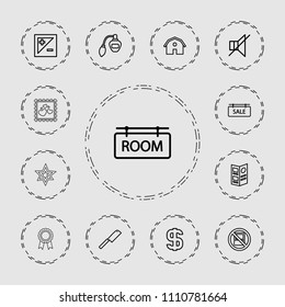 Label icon. collection of 13 label outline icons such as no laptop, barn, perfume, no sound, light exposure, sale tag, room tag, menu. editable label icons for web and mobile.