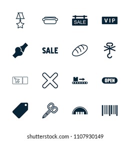 Label icon. collection of 16 label filled and outline icons such as vip, barn, tag, no cargo warning, bar code, luggage scan. editable label icons for web and mobile.
